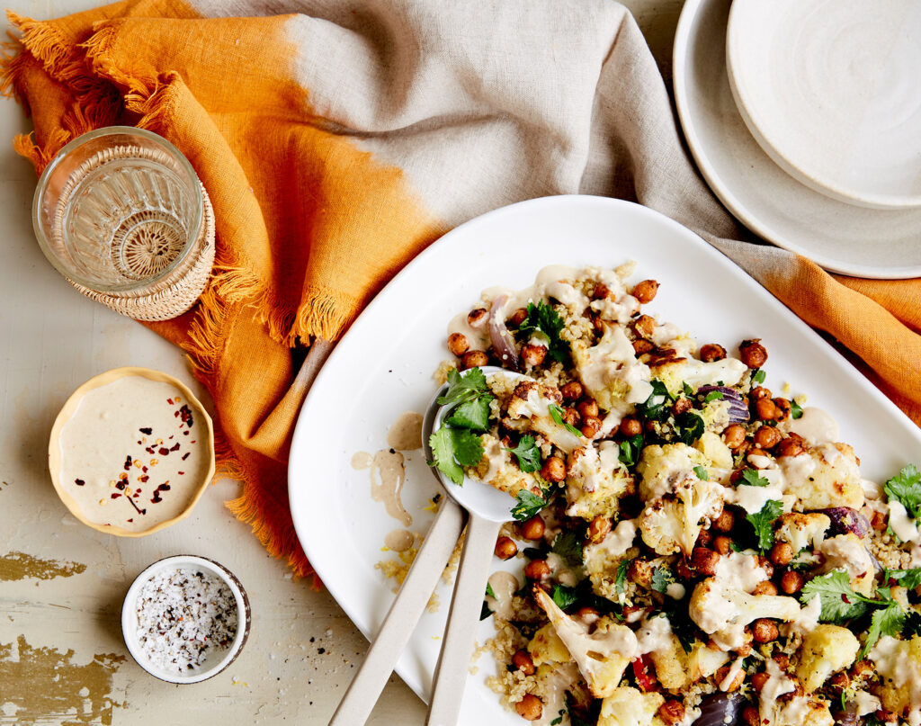 Overhead image of Roast Cauliflower and Chickpea Salad on a serving tray.