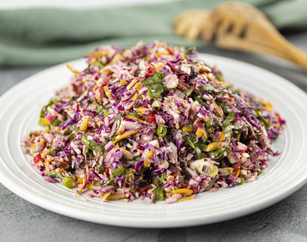 An image of rainbow slaw piled high on a plate.