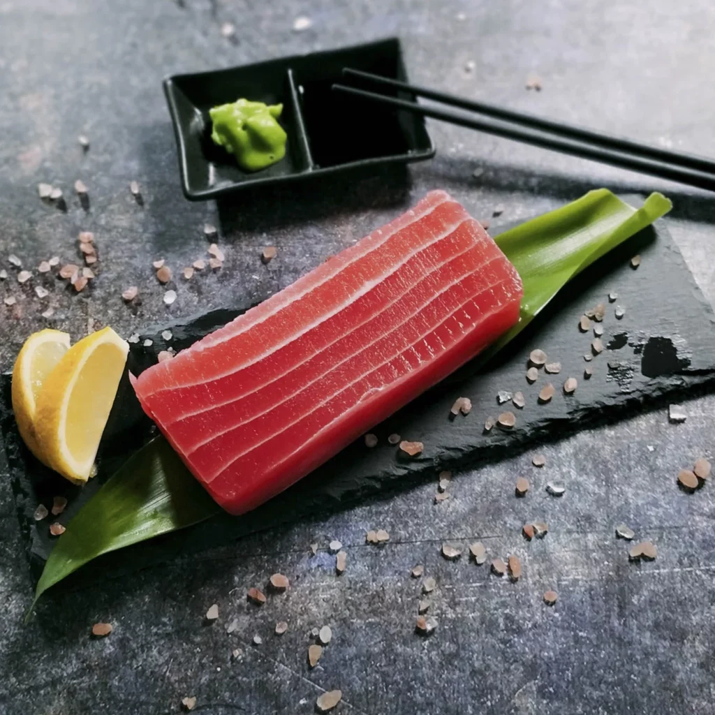 Plant-based tuna sashimi sits atop seaweed, with wasabi in a dish to the back with chopsticks .