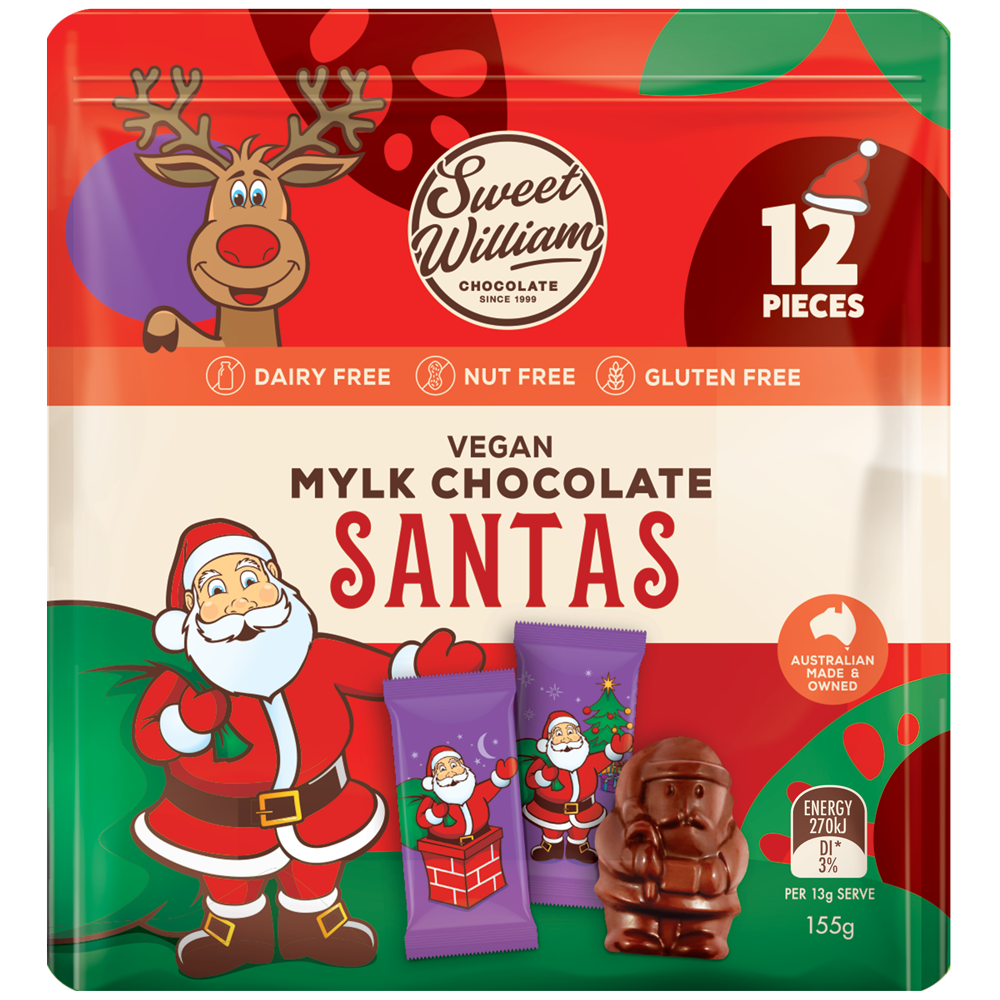 A packet of Sweet William vegan chocolate santas.