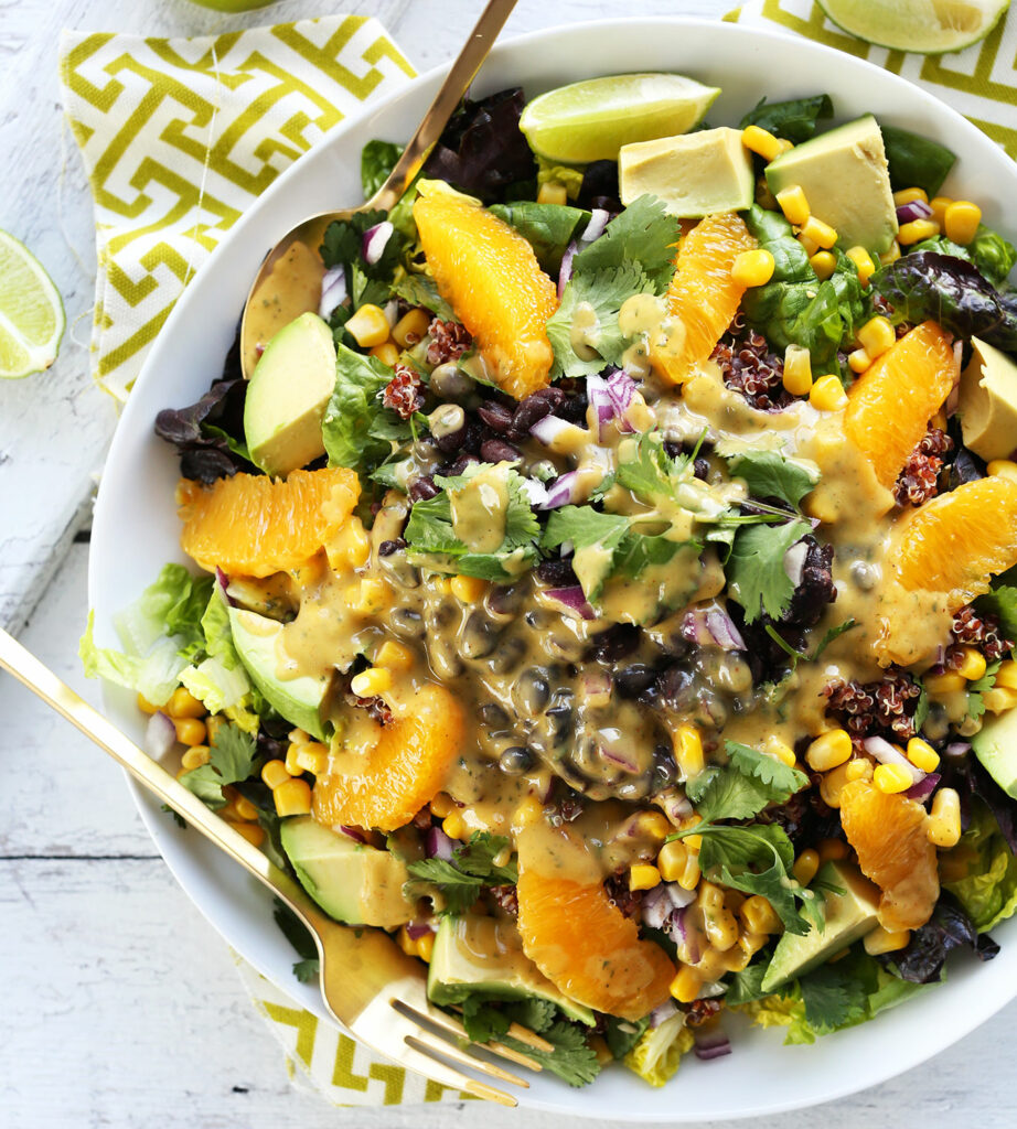 An overhead image of a Black Bean & Quinoa Salad in a serving bowl.