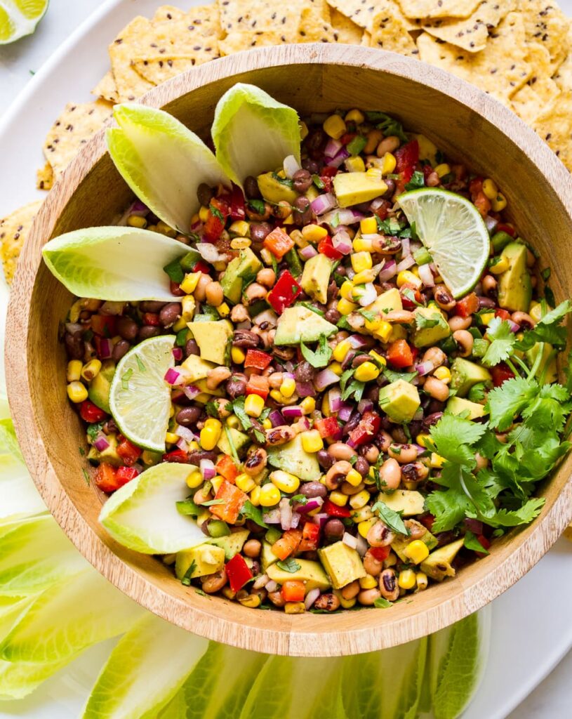 Overhead image of a very colourful salad.