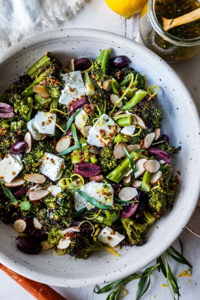 Overhead image of Roast Broccoli Salad in a bowl.