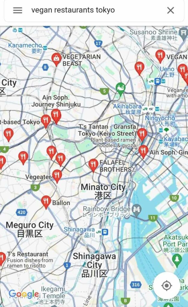 A screen cap of a Google map search for vegan restaurants.