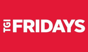 TGI Fridays logo in white font with a red rectangular background.