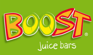 Boost Juice Bars logo in yellow, orange and red text on a green background.