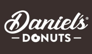 Daniel's Donuts text logo in white on a dark brown background.