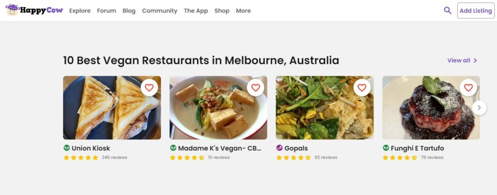 A screen cap of vegan restaurant recommendations from Happy Cow.