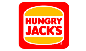 Hungry Jacks logo in red, white and orange in a rounded-edge square.