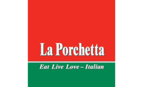 Square La Porchetta logo with white font on a green and red block background.