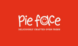 Pie Face logo in white on a red rectangular background.