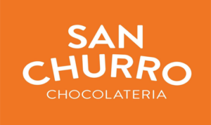 San Churro Chocolateria logo in white font on an orange rectangular background.