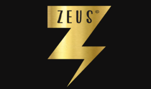 Zeus gold lightning bolt logo on a black rectangular background.