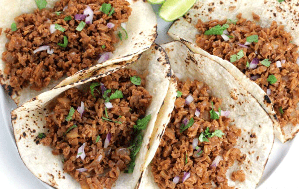 A close up of TVP mince tacos.