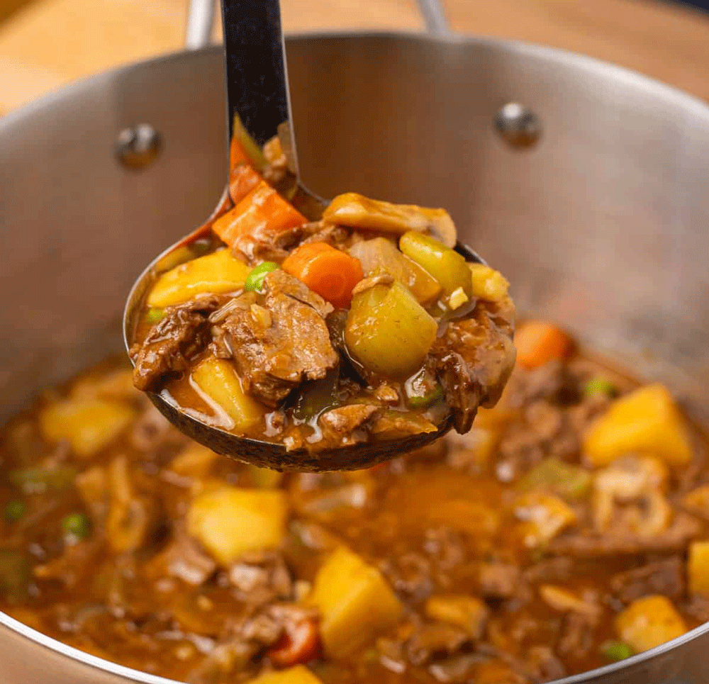 A stew sits in a large pot. a ladle is shown close to camera showing veg and plant-based beef chunks.