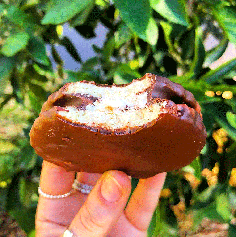 A Buggy Wheel with a bite taken out is being held up to show the biscuit, marshmallow and jam centre.