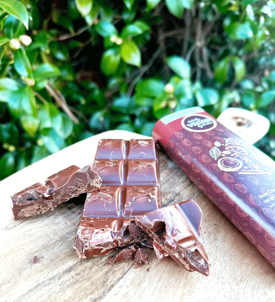 Broken pieces of a block of Jelly Crumb - a Black Forest-type chocolate filled with biscuit pieces and raspberry jellies. 