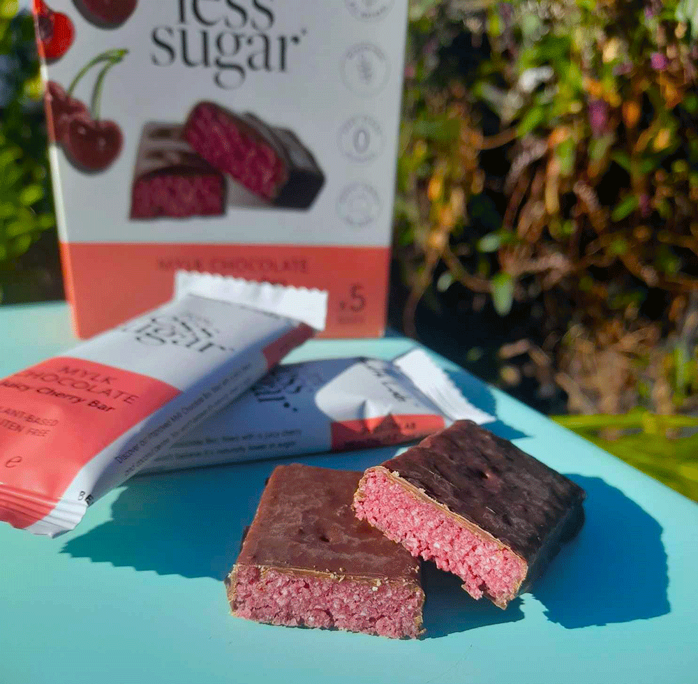 A chocolate cherry coconut bar cut in half on a plate.