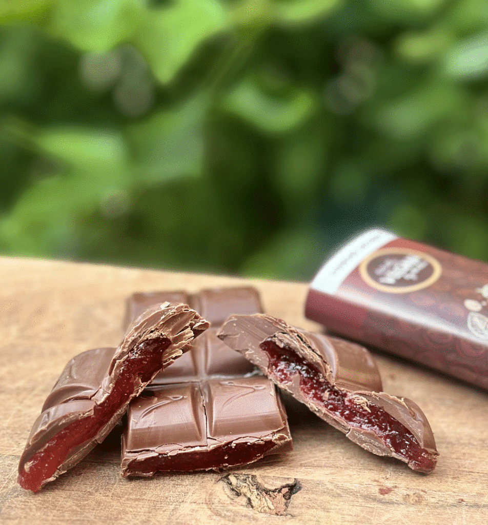 Chunks of Turkish Delight chocolate are broken apart to show the filling.