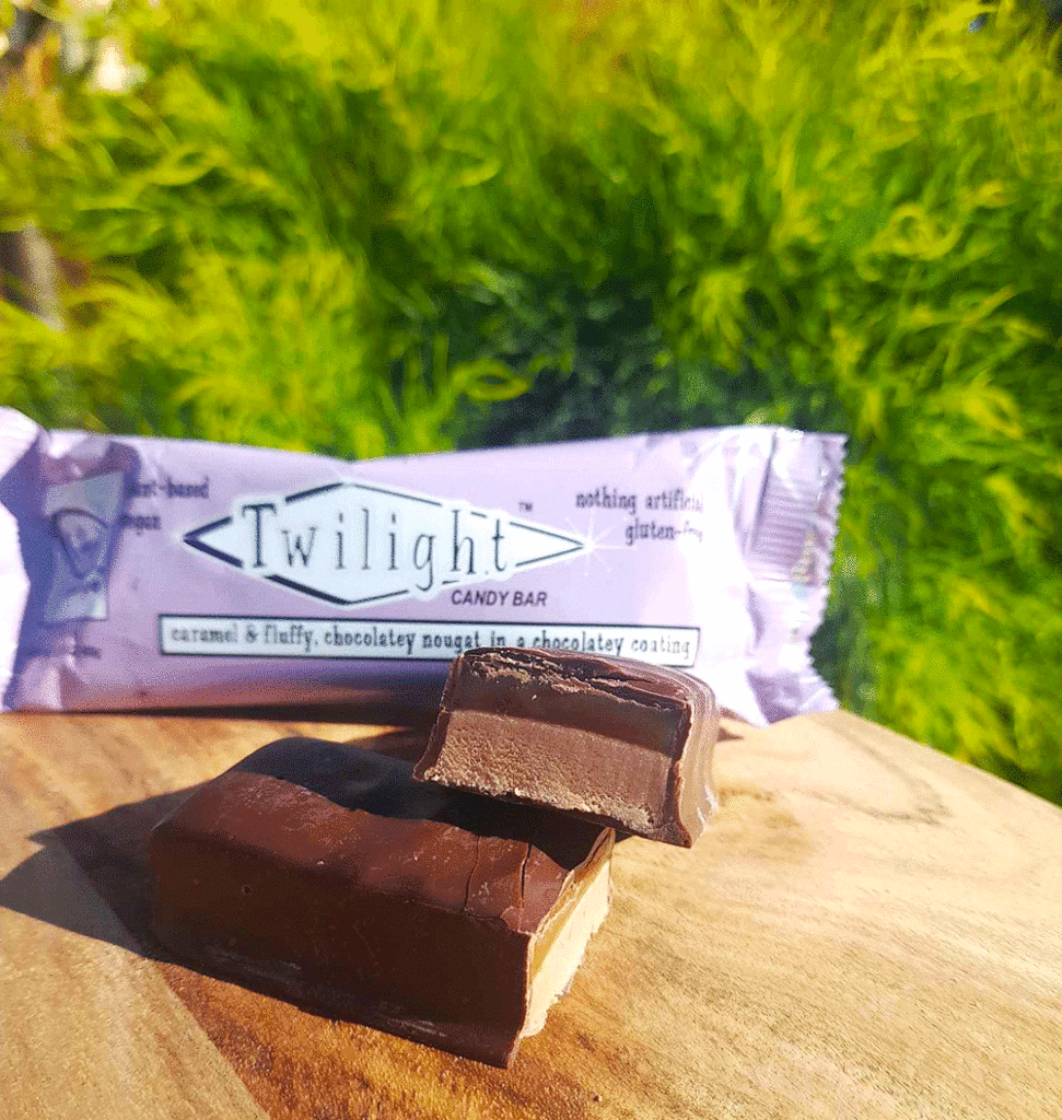 A cross section of a Twilight chocolate bar, revealing nougat and caramel.