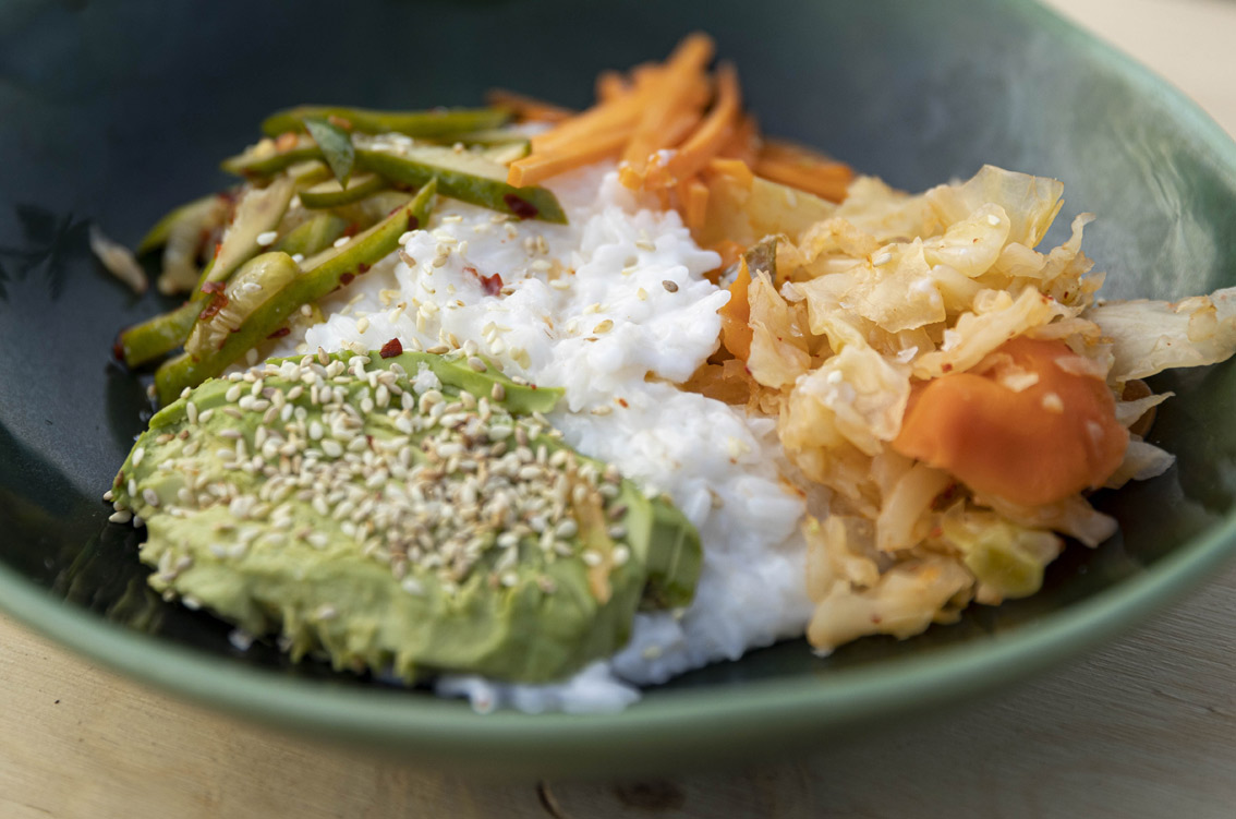 rice with kimchi and yogurt in a bowl