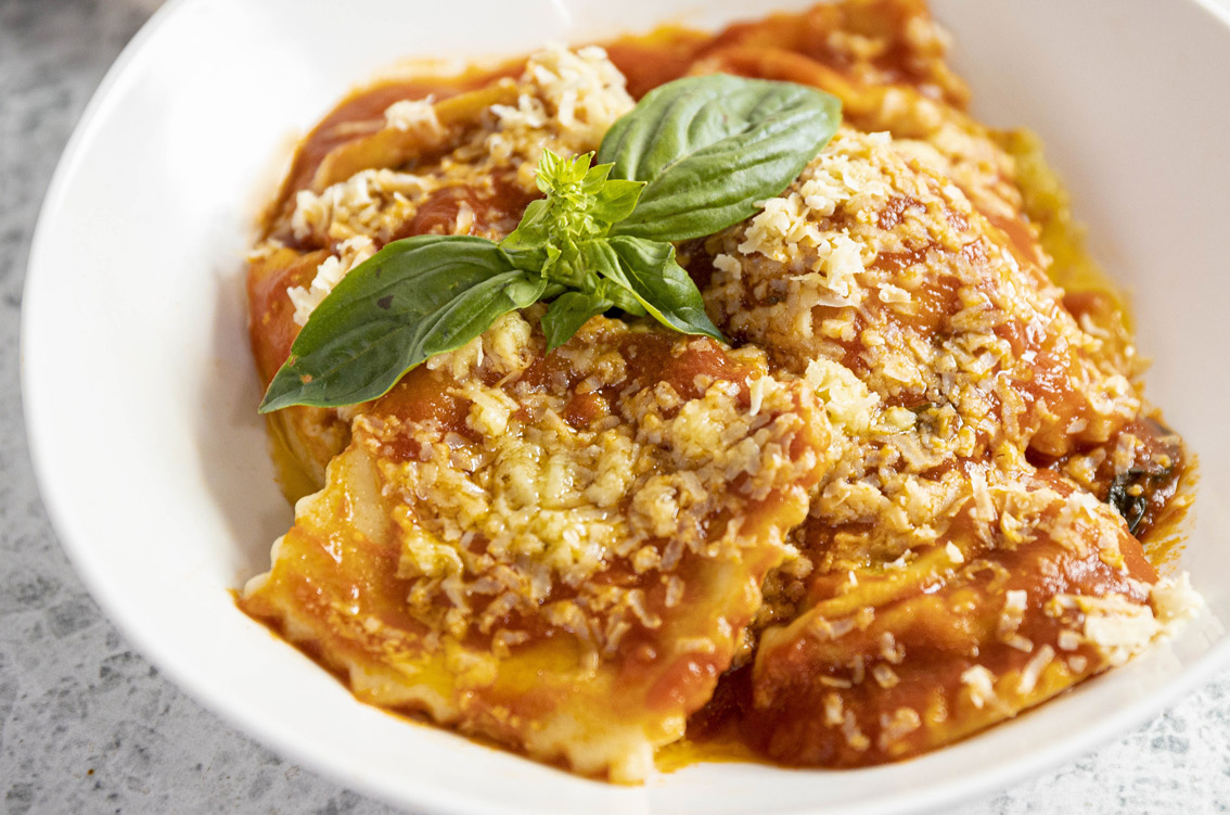 Vegan Ravioli with parsley leave on top