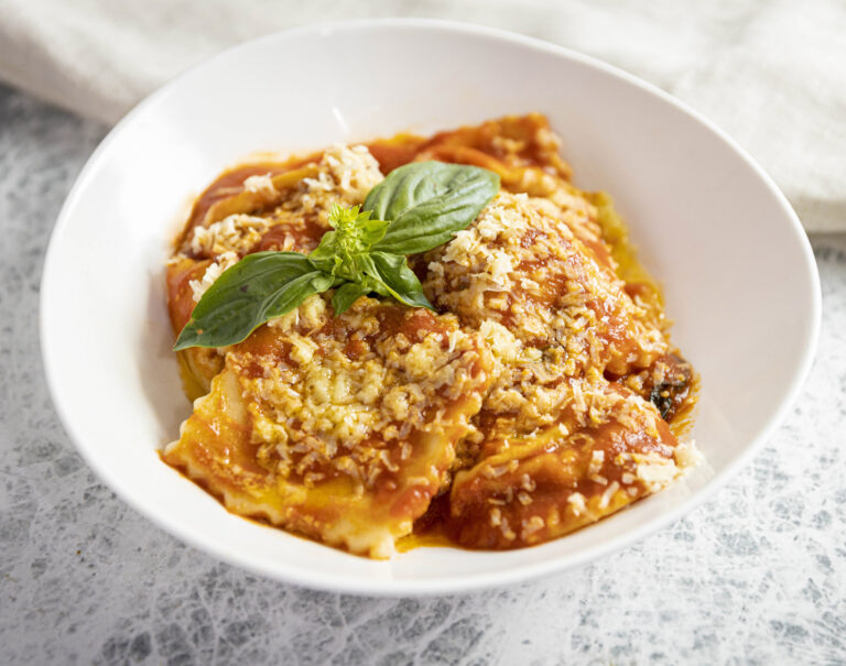 Vegan ravioli in a bowl