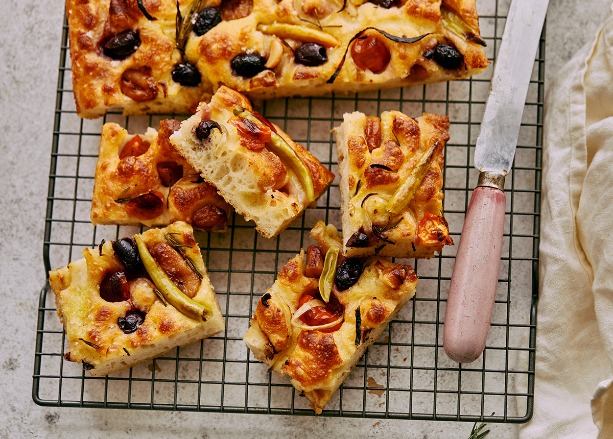 No Knead Focaccia bake on a baking rack