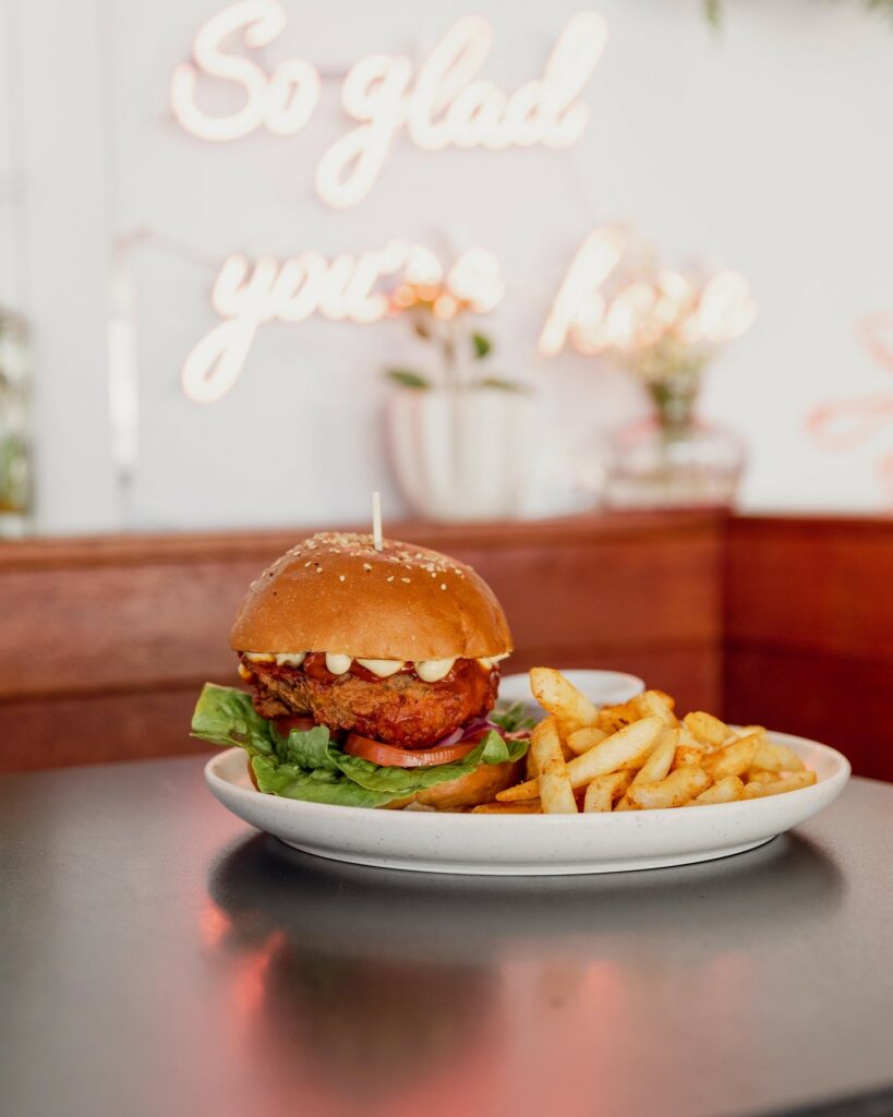 Vegan restaurants in Brisbane: Burger and fries from Yavanna.