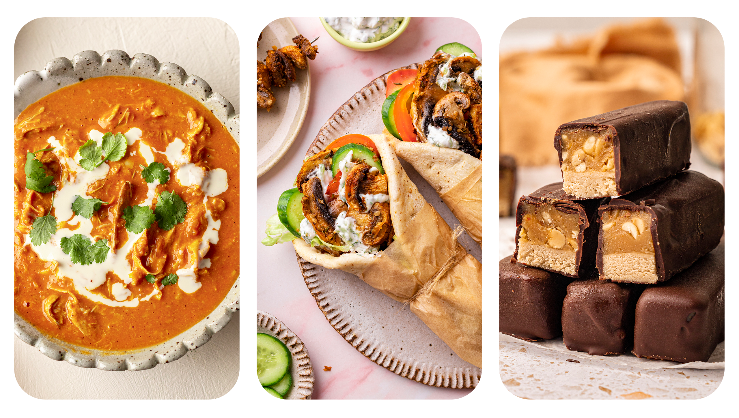 Three delicious recipe images side by side including plant-based butter chicken, souvlaki and snickers