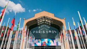 The exterior of the restaurant within the Olympic Village in Paris.